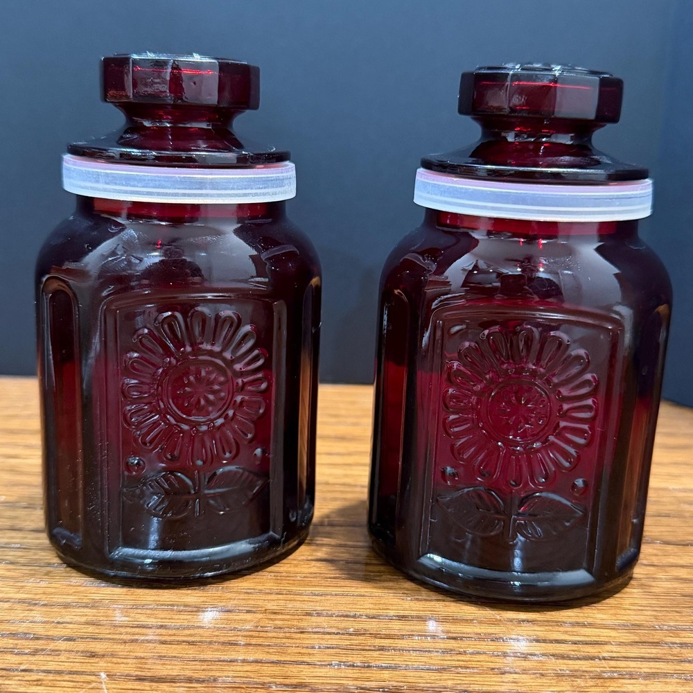 Vintage Wheaton NJ Ruby‎ Red Glass Sunflower Apothecary Bottles Set of 2